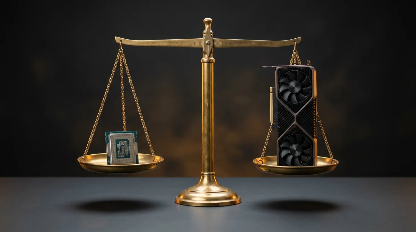 A level balance scale with a CPU on one pan and a graphics card on the other, representing a balanced CPU and GPU pairing