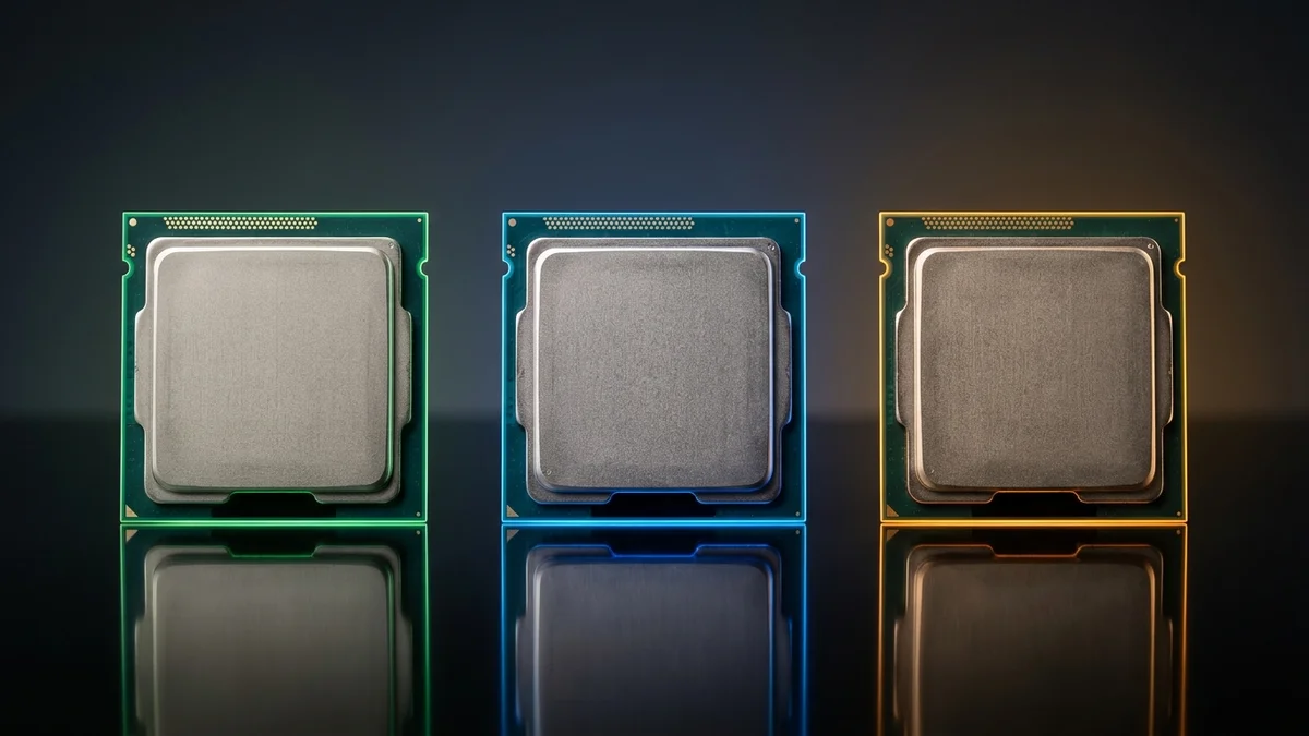Three desktop processors lined up to represent budget, mid-range and high-end CPU choices for the RTX 5060