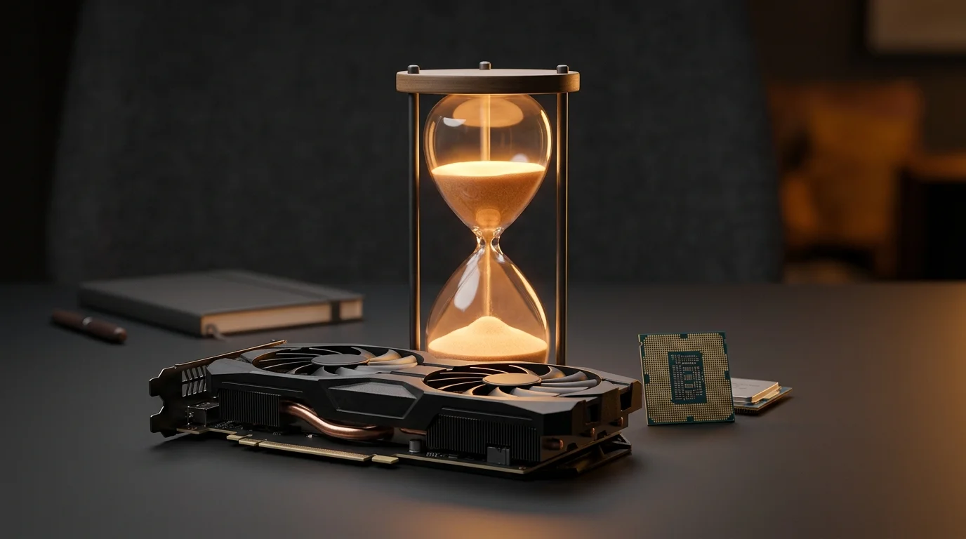Hourglass beside a graphics card and a CPU, representing the decision to buy now or wait for new hardware