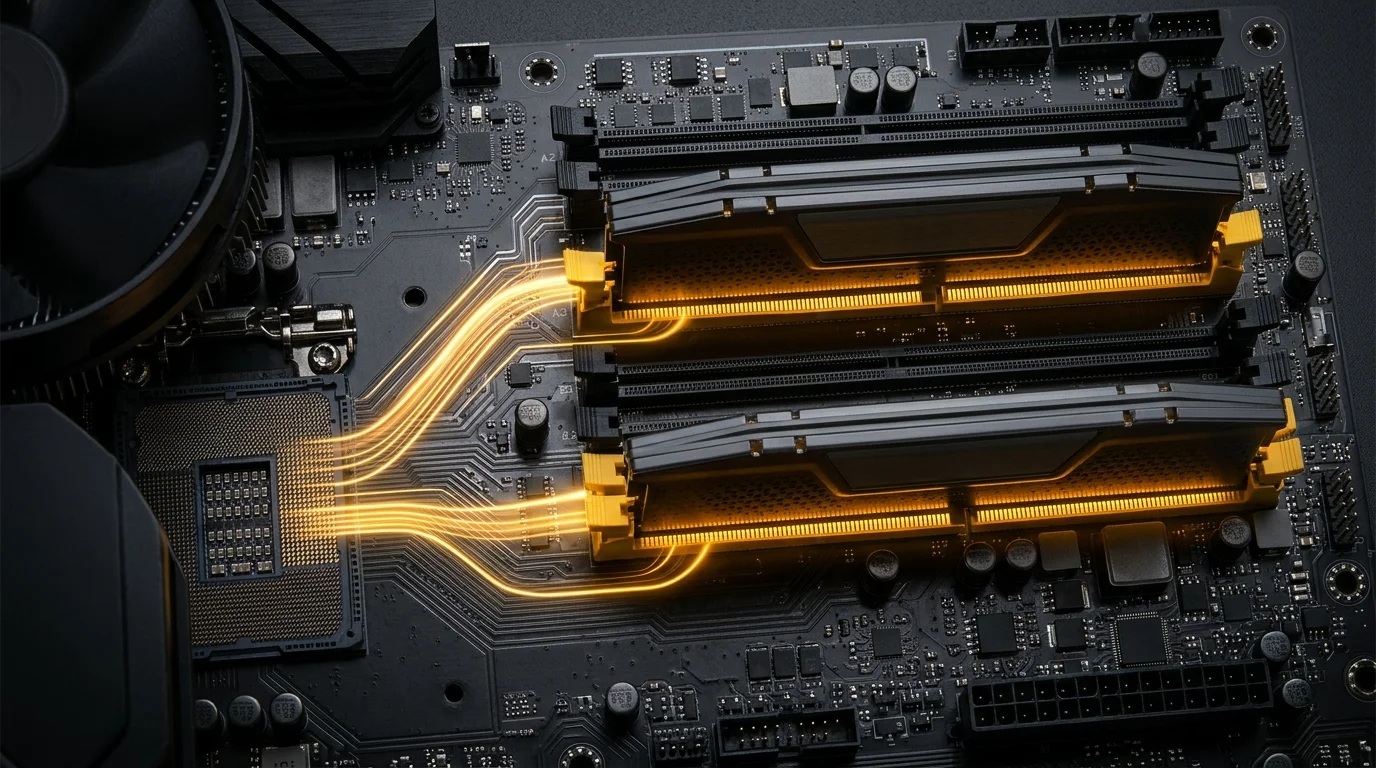 Motherboard with two RAM sticks in alternating slots and two glowing data lanes running to the CPU socket