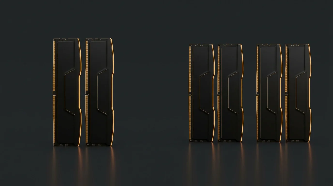 Two RAM sticks compared with four RAM sticks, representing 16GB versus 32GB of gaming memory