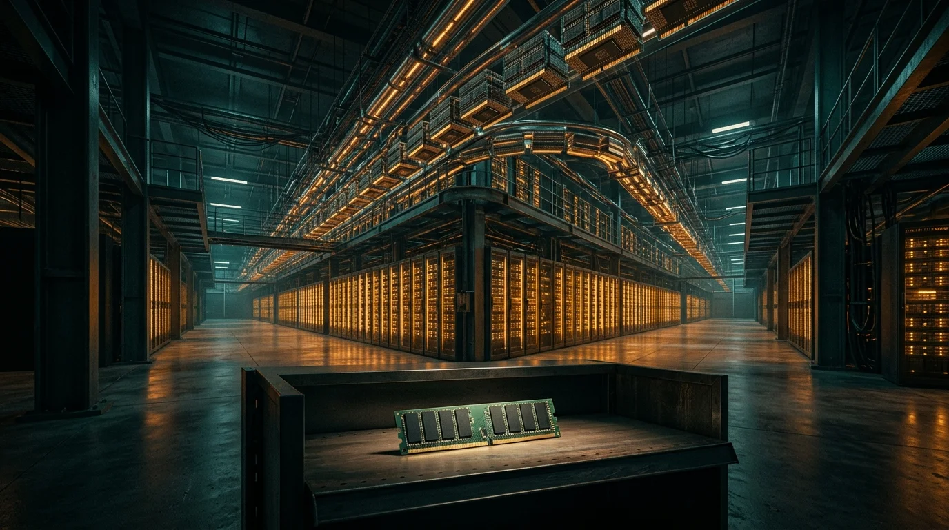 Concept image of AI data centre servers consuming memory chips while a single consumer RAM stick sits on an empty shelf