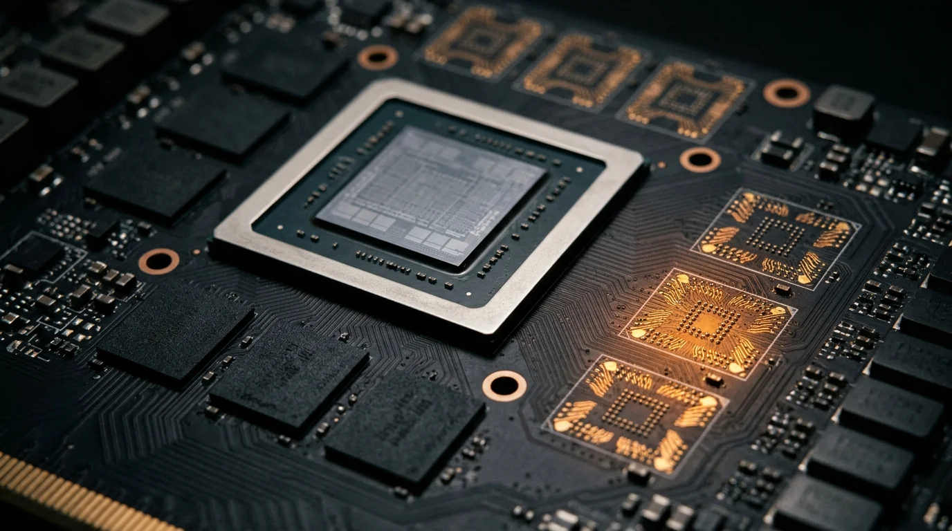 Graphics card circuit board with several memory chip positions left empty, representing the GDDR7 shortage behind the RTX 50 Super delay