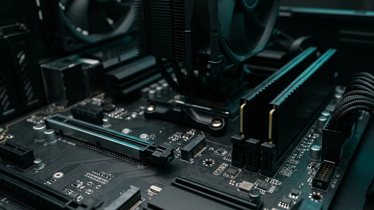 Motherboard PCIe slot and RAM sticks in a gaming PC built around an RTX 5060